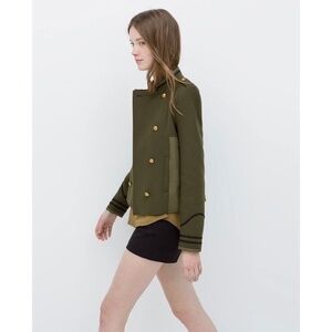 ZARA Green Army Jacket Pea Coat Wool Double Breasted Jacket Military Small